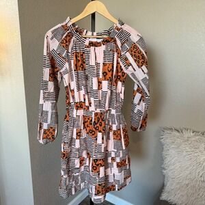 BURU Mini Dress Leopard Print‎ Long Sleeve Elastic Waist Pink Womens M Cotton